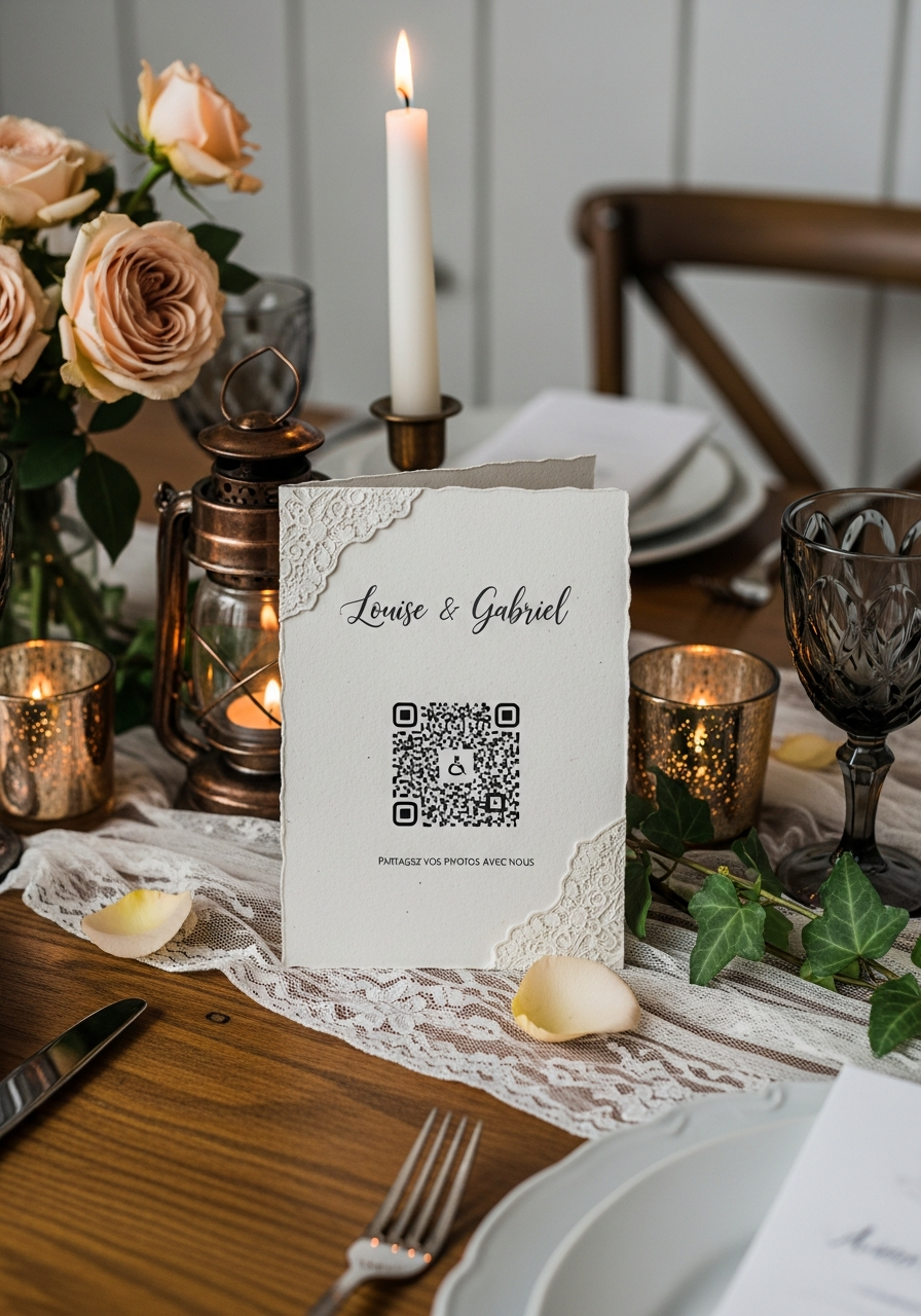 Affiche QR Code Mariage Vintage Dentelle | Louise & Gabriel | Invinee