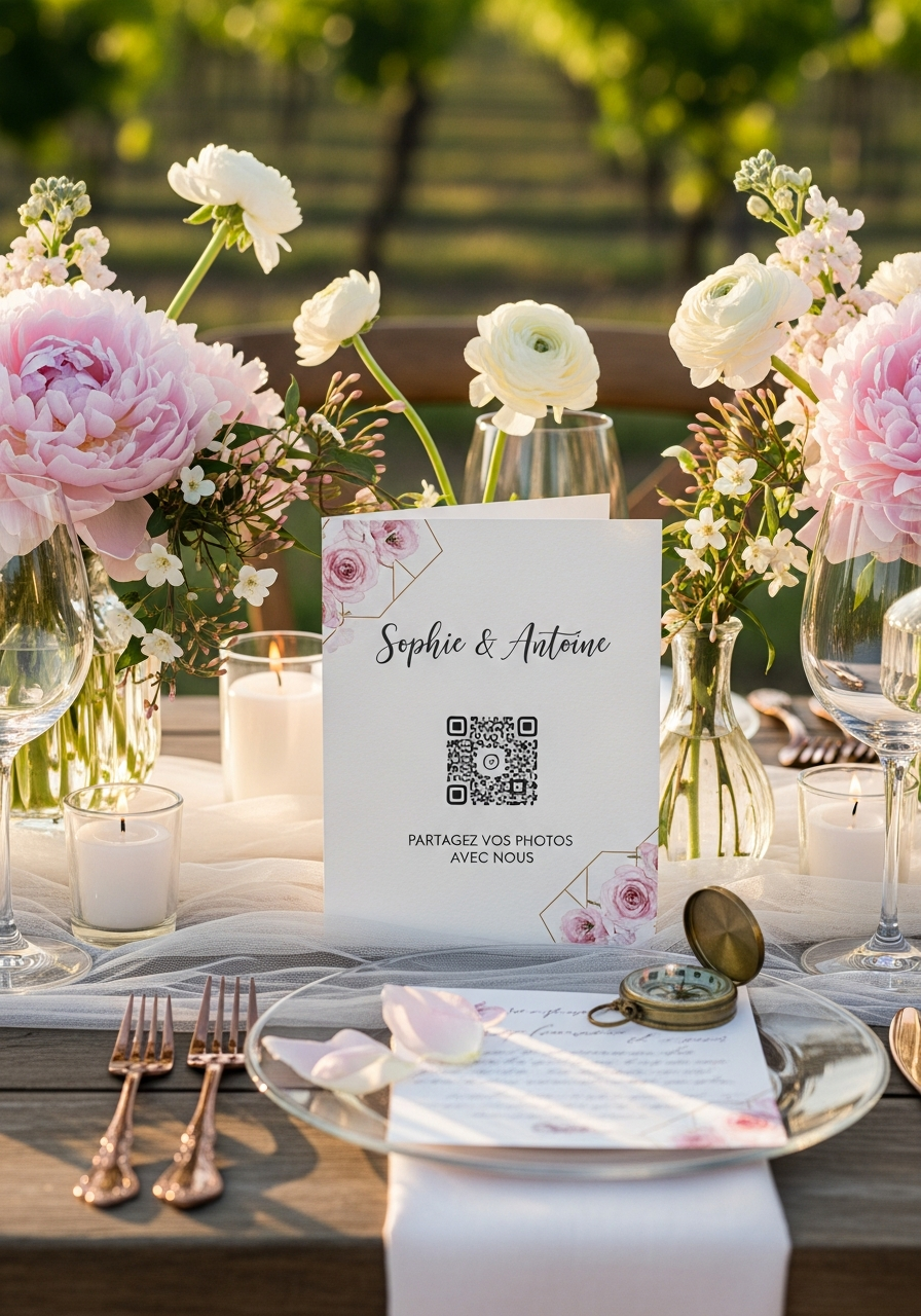 Affiche QR Code Mariage Romantique Poudré
