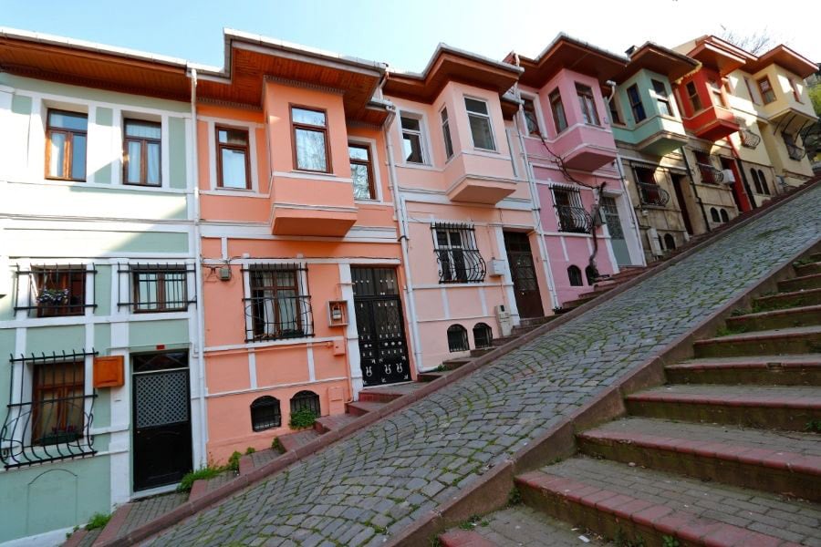 street view with colorful houses lined up in balat