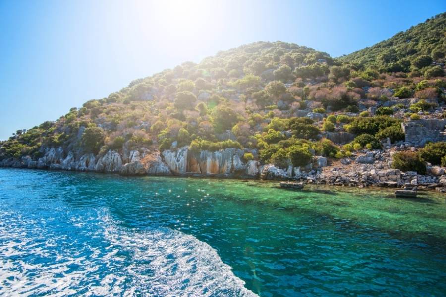 sea view showing the partial ruins of the sunken city of kekova