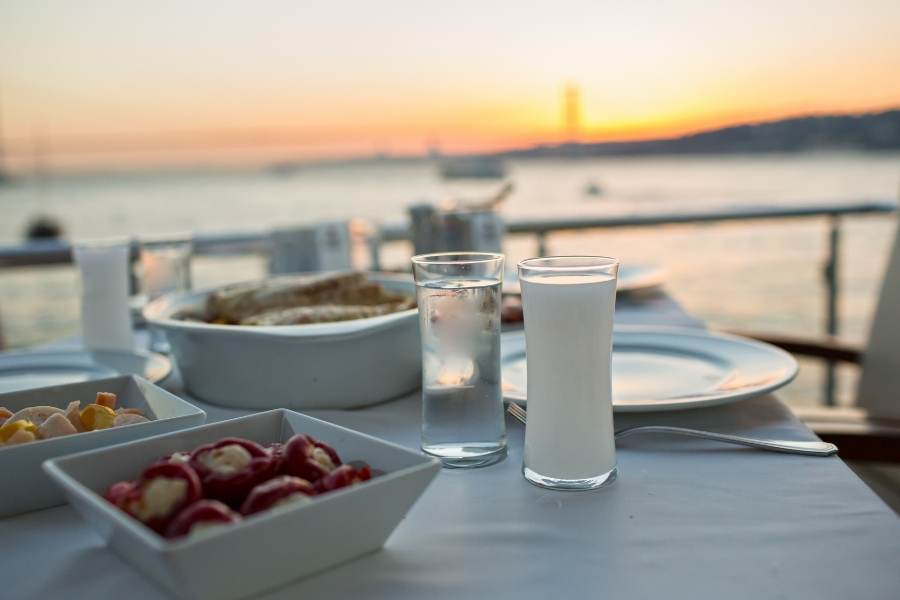 rakı and meze with bosphorus view background