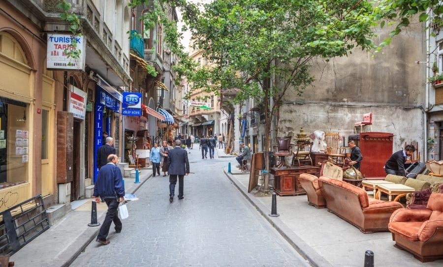 view from cukurcuma street with second-hand furniture in beyoglu istanbul