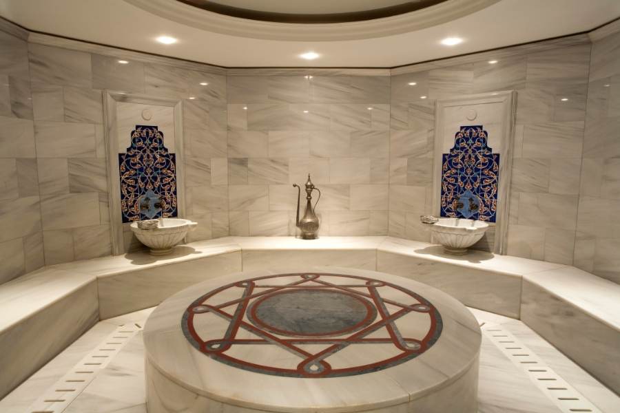 turkish bath interior view with central marble