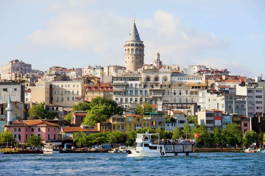 coastal view of beyoglu istanbul from the sea showing a coat and the galata tower