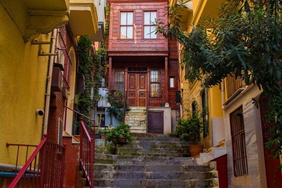 colorful wooden houses on a dead-end street in cihangir istanbul