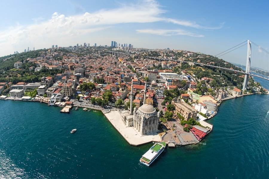 aerial view of ortakoy neighborhood and ortakoy mosque in istanbul