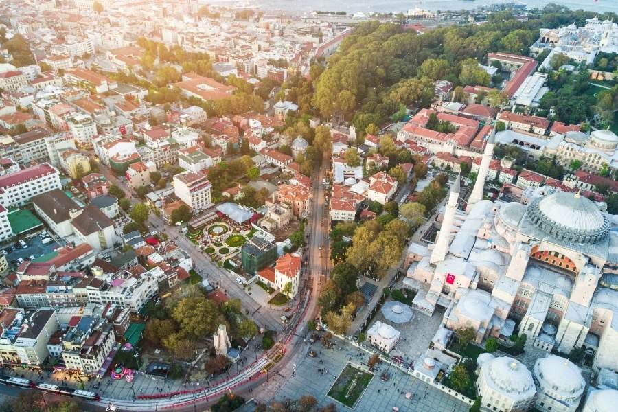 aerial view of the hagia sophia in sultanahmet neighborhood in istanbul