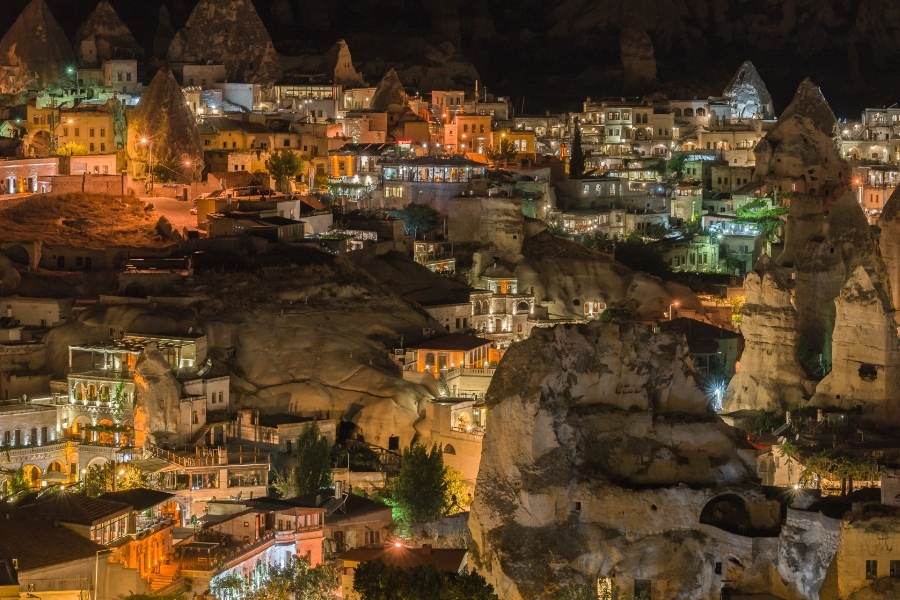 panoramic view of cave hotels in cappadocia turkey