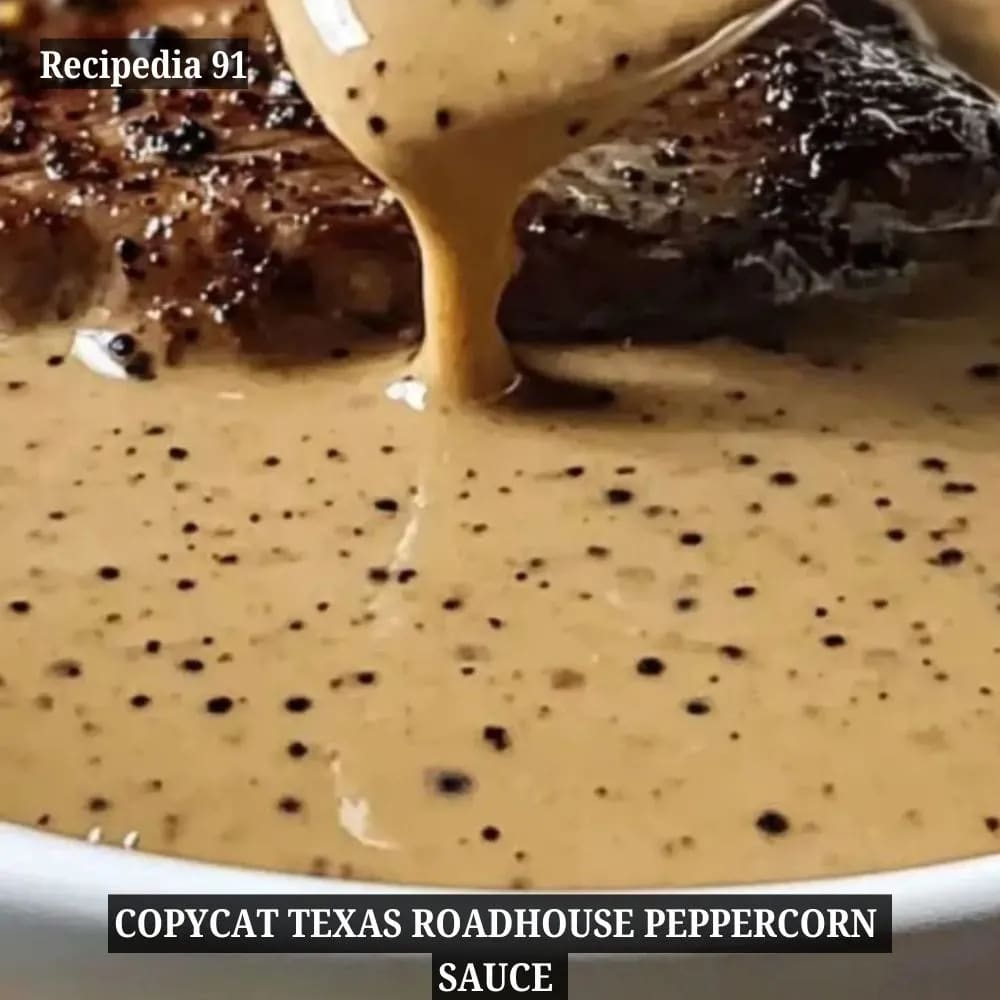 Texas Roadhouse Peppercorn Sauce - A Zoomed image of the finished sauce on the steak meat.