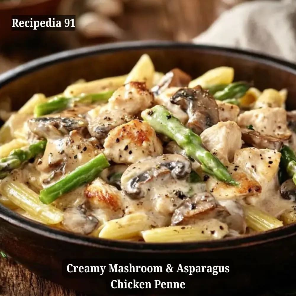 Creamy Mushroom and Asparagus Chicken Penne - A Closeup image of the finished dish in the pan.