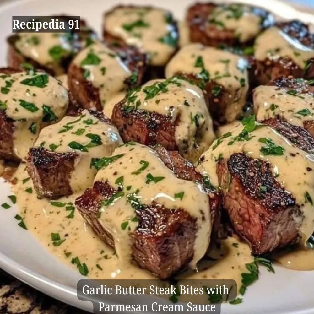 Garlic Butter Steak Bites with Parmesan Cream Sauce - A close image of the finished dish.