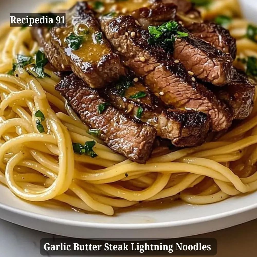 Garlic Butter Steak Lightning Noodles - A Close up image of the finished dish on the plate.