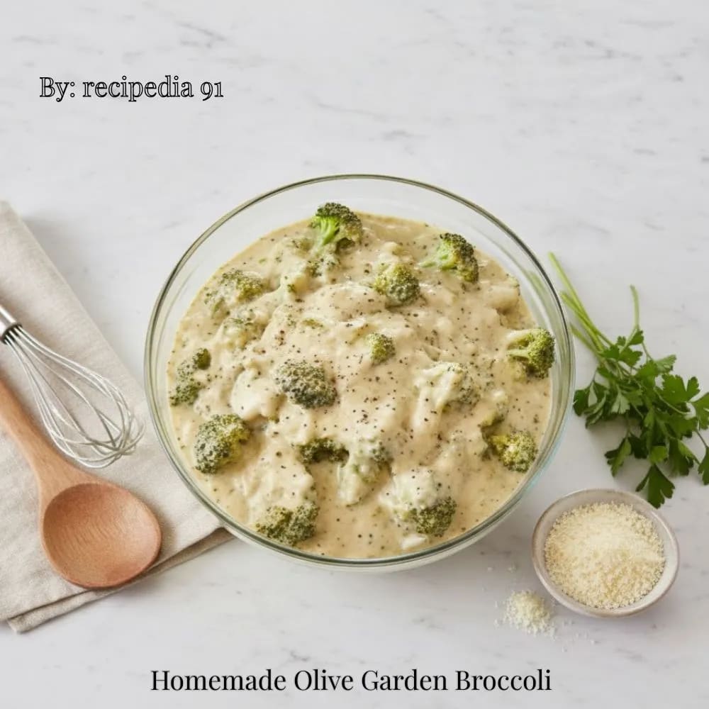 Homemade Olive Garden Broccoli - A perfectly make dish on my kitchen table in a glass bowl.