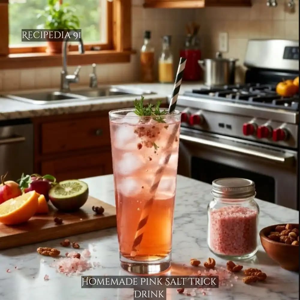 Homemade Pink Salt Trick Drink - A perfectly made drink on my kitchen table.
