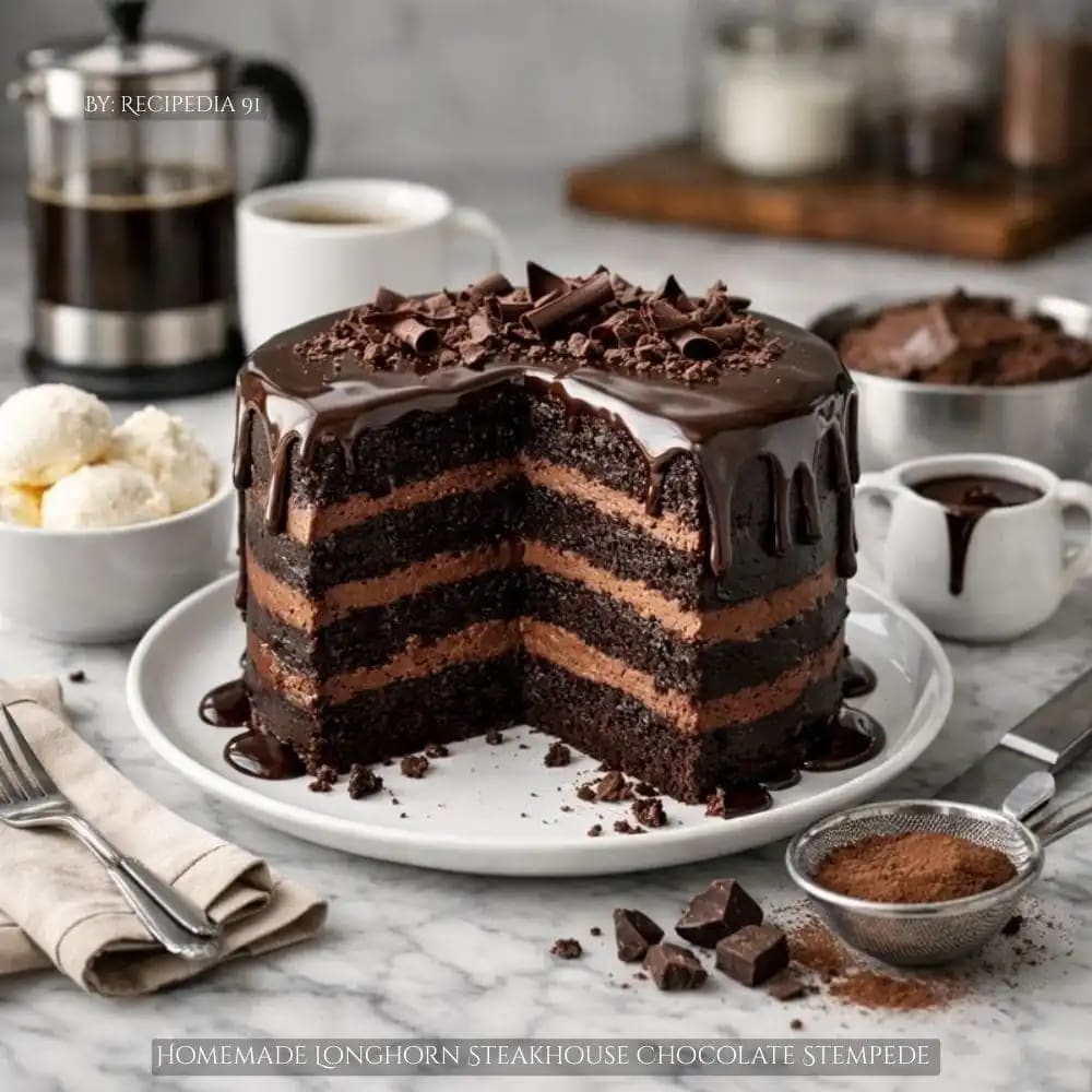 Homemade Longhorn Steakhouse Chocolate Stampede Cake - A perfectly made cake dessert on my kitchen table