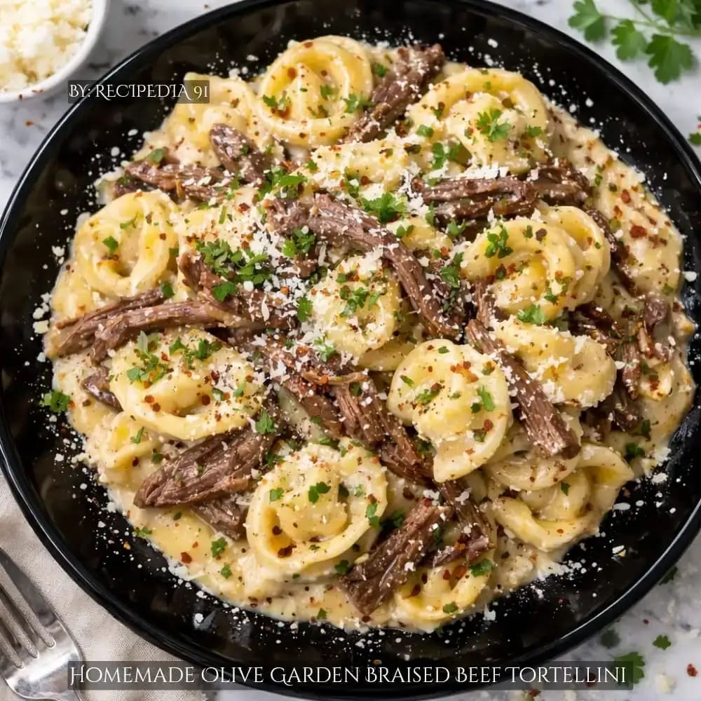 Homemade Olive Garden Braised Beef Tortellini - A perfectly made cdish on my kitchen table, A zoomed overhead image shot.