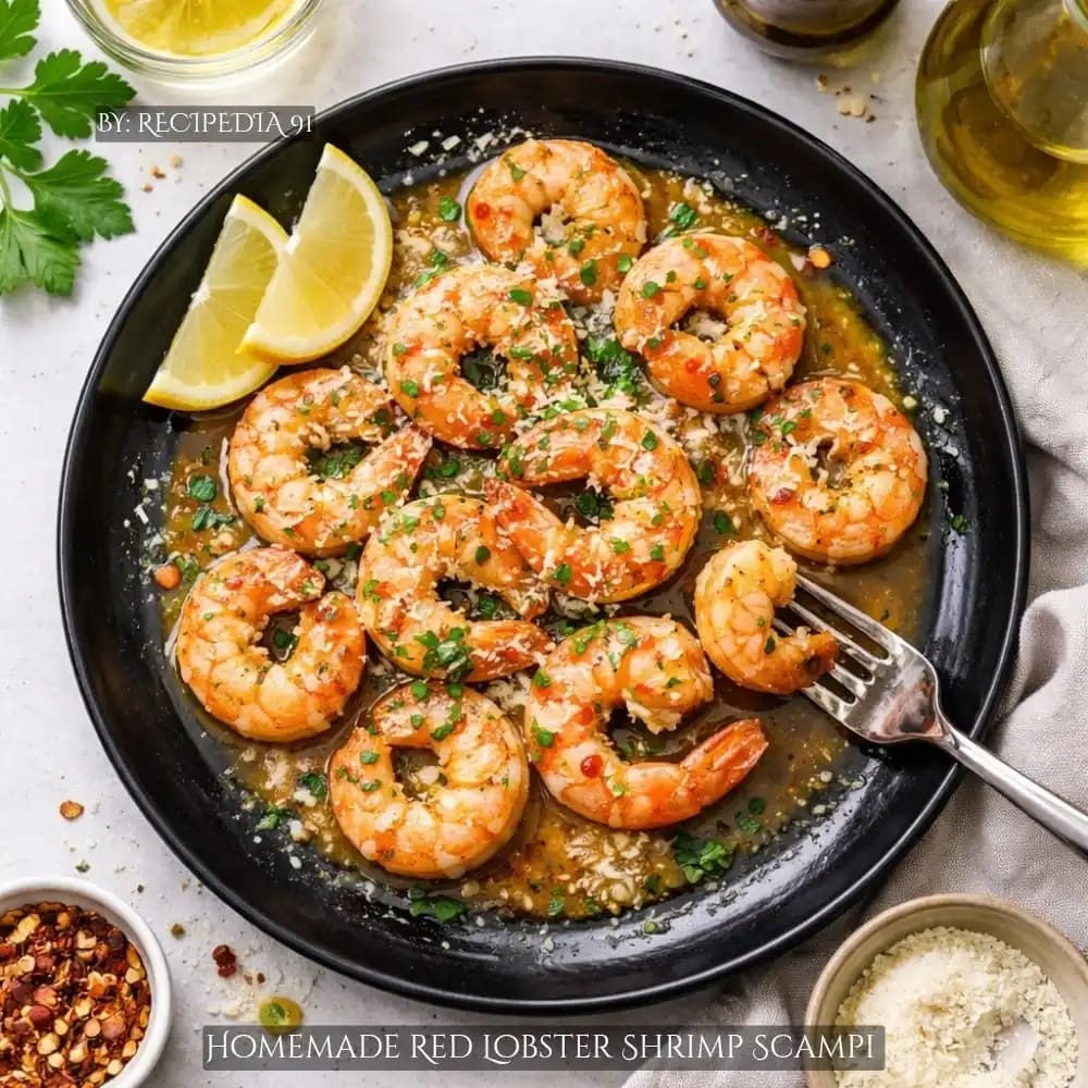 Homemade Red Lobster Shrimp Scampi - A perfectly made dish on my kitchen table, overhead image.