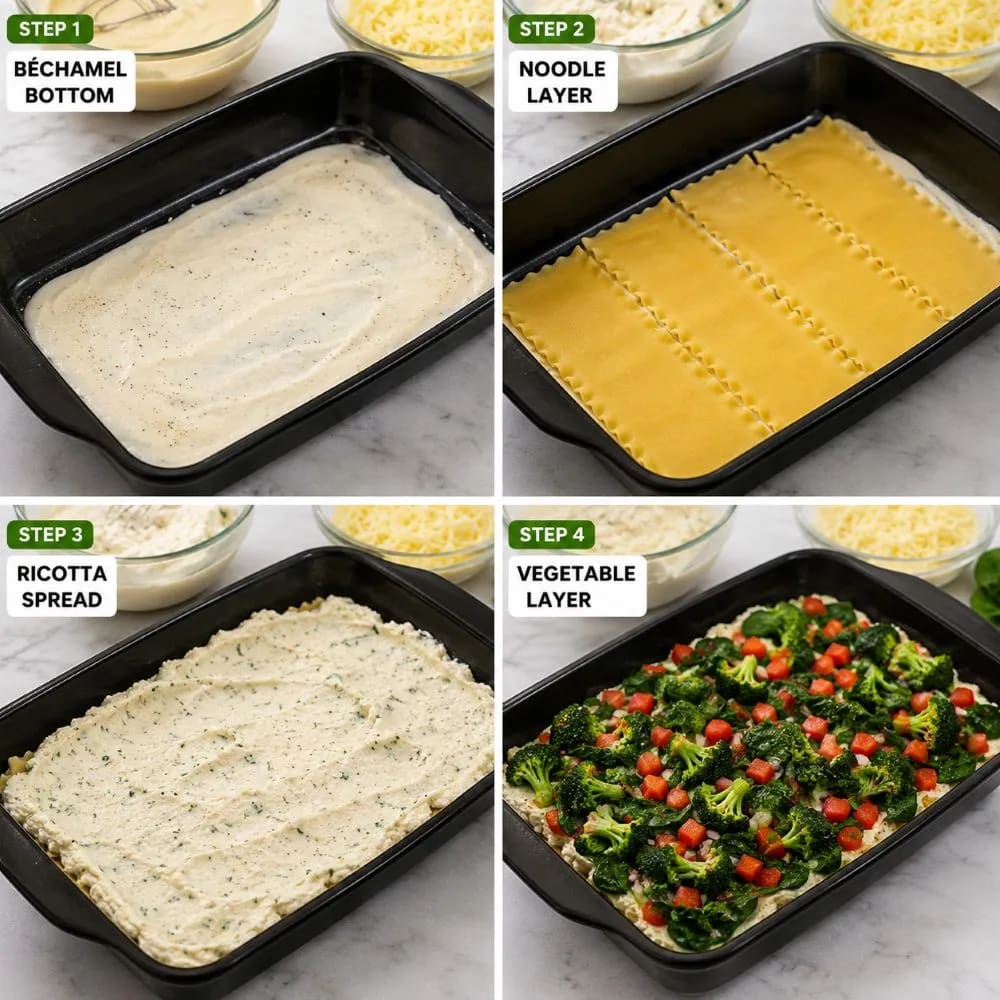 Layering Stouffer's vegetable lasagna copycat in 9x13 baking dish step by step