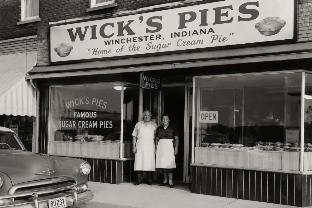 Black-and-white vintage photo of Wick's Pies bakery in Winchester, Indiana