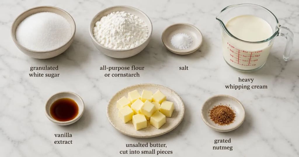 Ingredients Required for Wicks Sugar Cream Pie Recipe - Properly place key ingredients on the kitchen table.