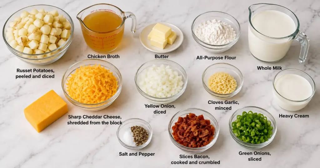 Ingredients for Cracker Barrel Potato Soup Recipe - Properly placed ingredients on my kitchen table.