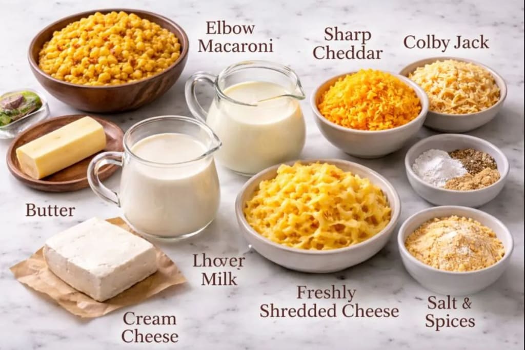 Main Ingredients For Mission BBQ Mac and Cheese Recipe on my kitchen table