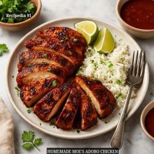 Moe’s Adobo Chicken - A closeup image of the finished dish on my kitchen table.