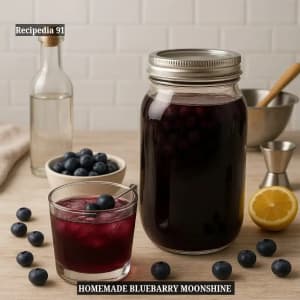 Homemade Blueberry Moonshine - A finished drink on the kitchen table.