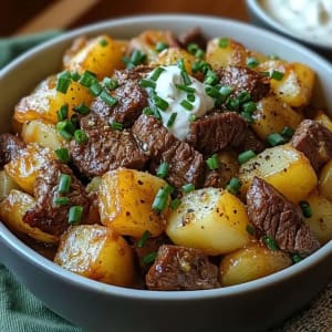 Crockpot Loaded Steak and Potato Bake - A closeup image of the finished dish in the bowl.