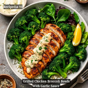 Grilled Chicken Broccoli Bowls with Garlic Sauce Recipe - A Closeup image on the finished dish on the kitchen table