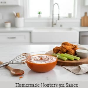 Homemade Hooters 911 Sauce - A perfectly made made sauce on my kitchen table.