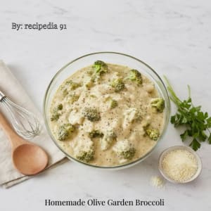 Homemade Olive Garden Broccoli - A perfectly make dish on my kitchen table in a glass bowl.