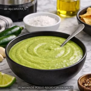 Homemade El Pollo Regio Green Sauce - A perfectly made sauce on my kitchen table.