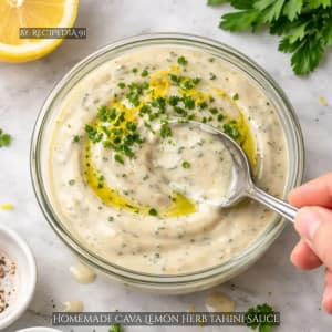 Cava Lemon Herb Tahini Recipe - A perfectly made sauce on my kitchen table.