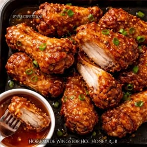Homemade Wingstop Hot Honey Rub Recipe - A perfectly made wings on my kitchen table, overhead image.