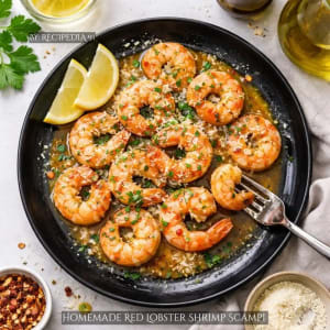 Homemade Red Lobster Shrimp Scampi - A perfectly made dish on my kitchen table, overhead image.