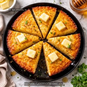 Homemade Brenda Gantt Cornbread Recipe - A perfectly made cornbread on my kitchen table, overhead image.