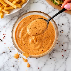 homemade McDonald's Spicy Pepper Sauce on my kitchen table, Zoomed image shot.