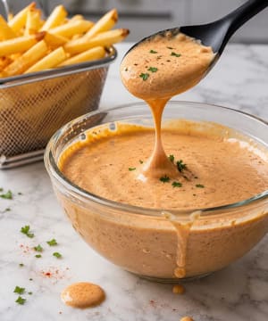 Homemade Braums Sauce - Properly made sauce in a glass bowl on the kitchen table.