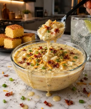Homemade Cracker Barrel Potato Soup - Perfectly made soup in a glass bowl on my kitchen table.