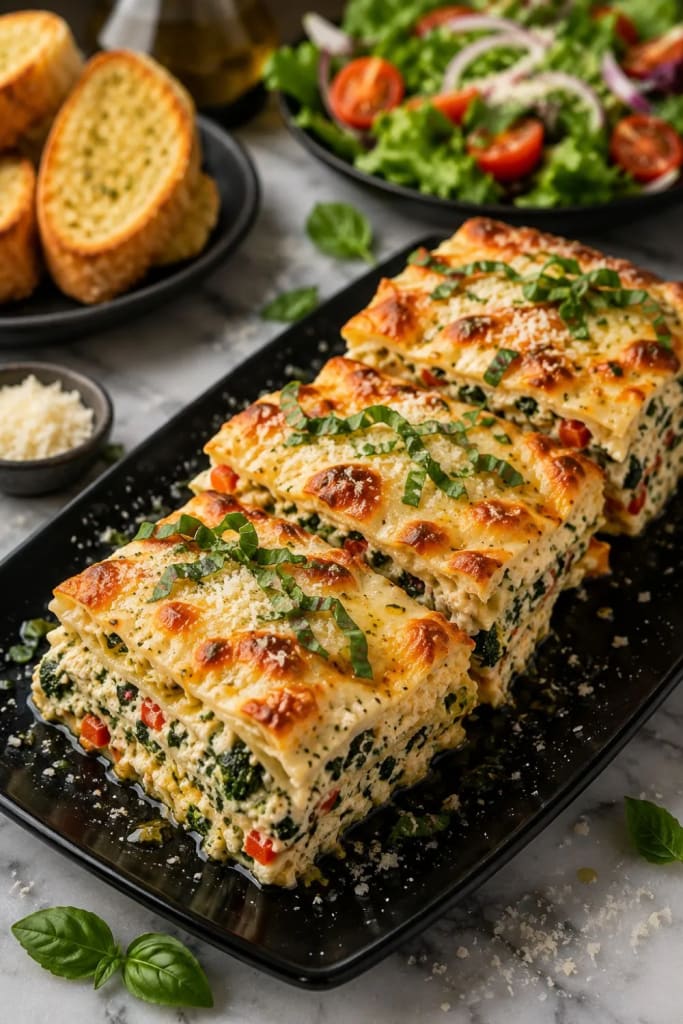 Homemade copycat Stouffer's Vegetable Lasagna - Properly made & plated on the glossy black plate