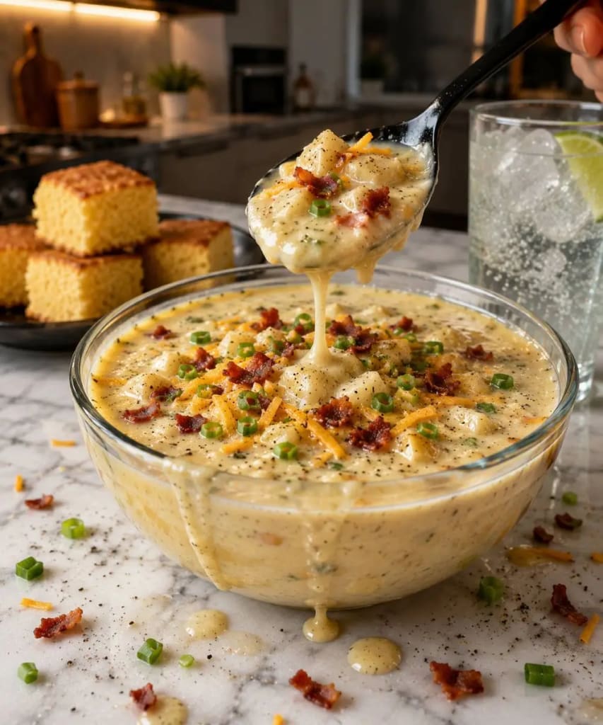 Homemade Cracker Barrel Potato Soup - Perfectly made soup in a glass bowl on my kitchen table.