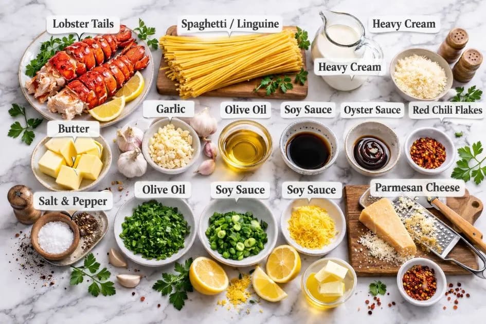 Ingredients for Yard House Lobster Garlic Noodles Recipe on my kitchen table