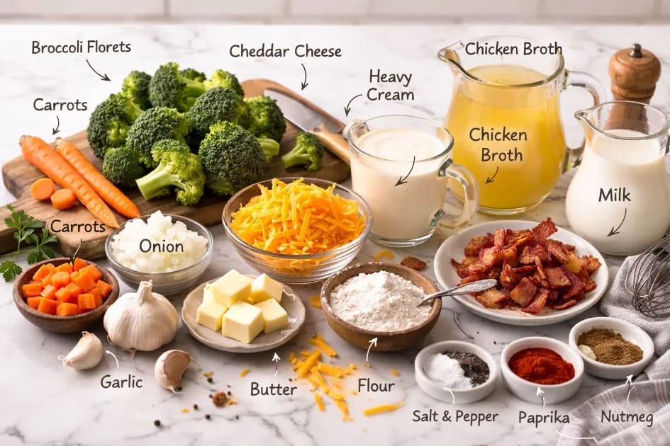 Key Ingredients For McAlister’s Broccoli Cheddar Soup Recipe on my kitchen table.