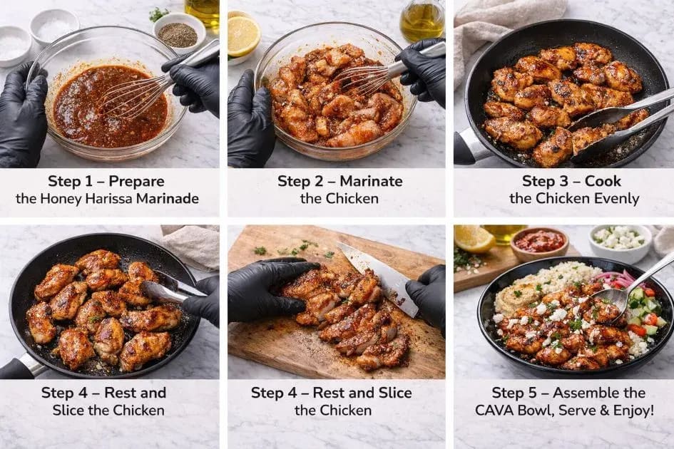 Visual Instruction For Honey Harissa Chicken Cava Recipe