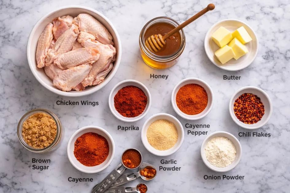 Ingredients Required for Wingstop Hot Honey Rub Recipe on my kitchen table.