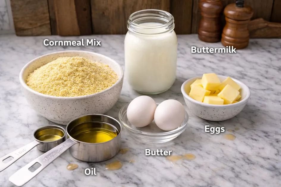 Ingredients Needed for Brenda Gantt Cornbread Recipe on my kitchen table.