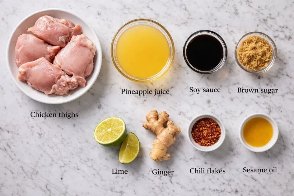 Ingredients for the Kilauea Chicken Recipe on my kitchen table.