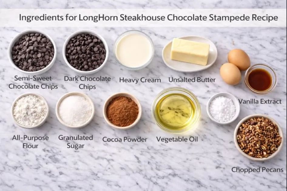 Main ingredients for Longhorn Steakhouse Chocolate Stampede Recipe on my kitchen table