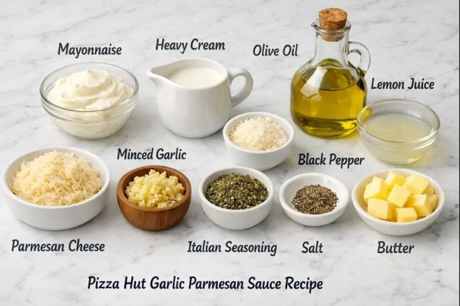 Ingredients For Pizza Hut Garlic Parmesan Sauce Recipe on my kitchen table.